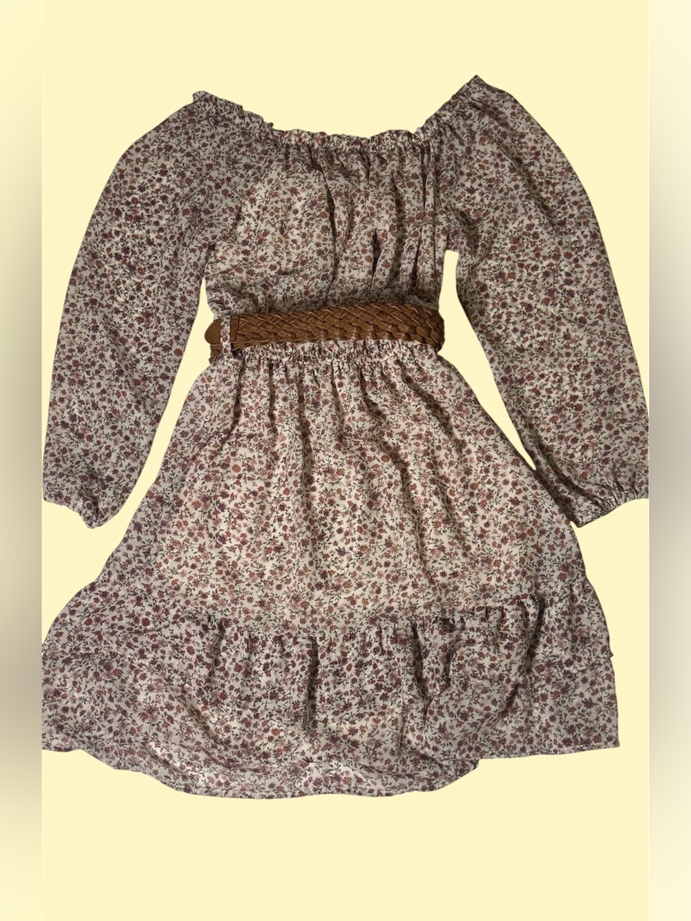 Wallflower Cream Floral Off-Shoulder Dress with Tan Braided Belt - Picture 3 of 4